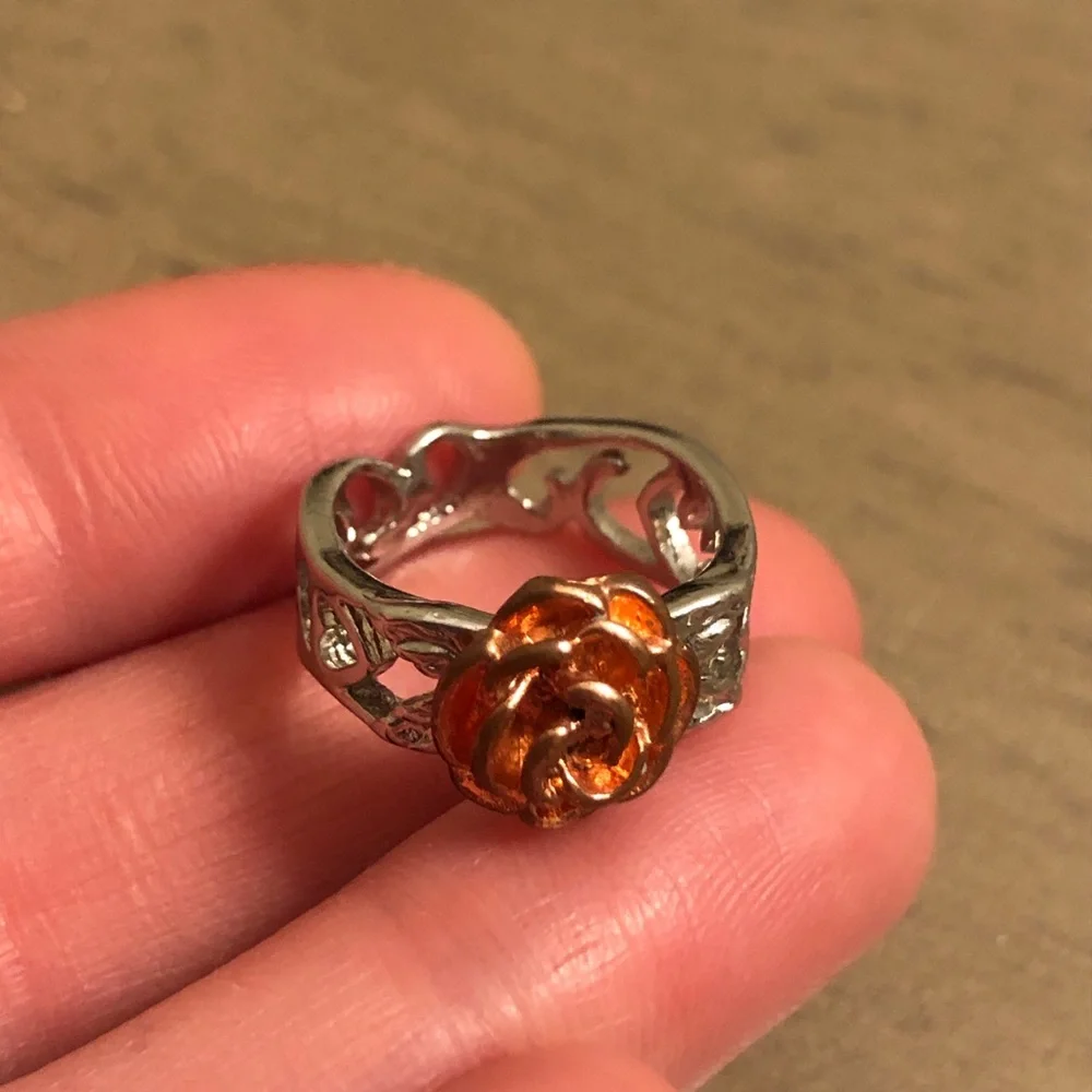 Vintage Silver Tone and Red-Orange Rose Ring